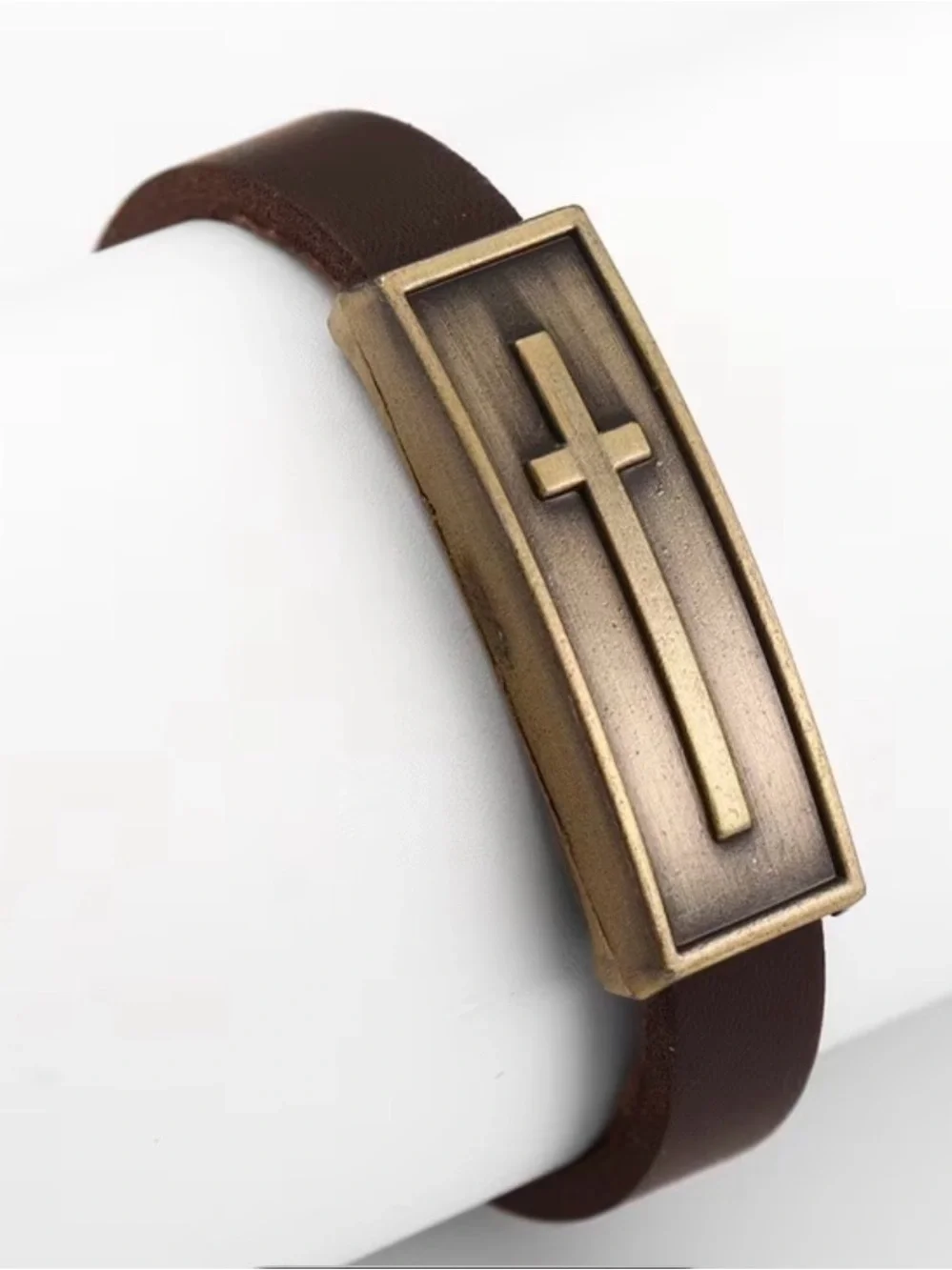 Brown Leather Men's Bracelet with Antique Gold Cross Accent